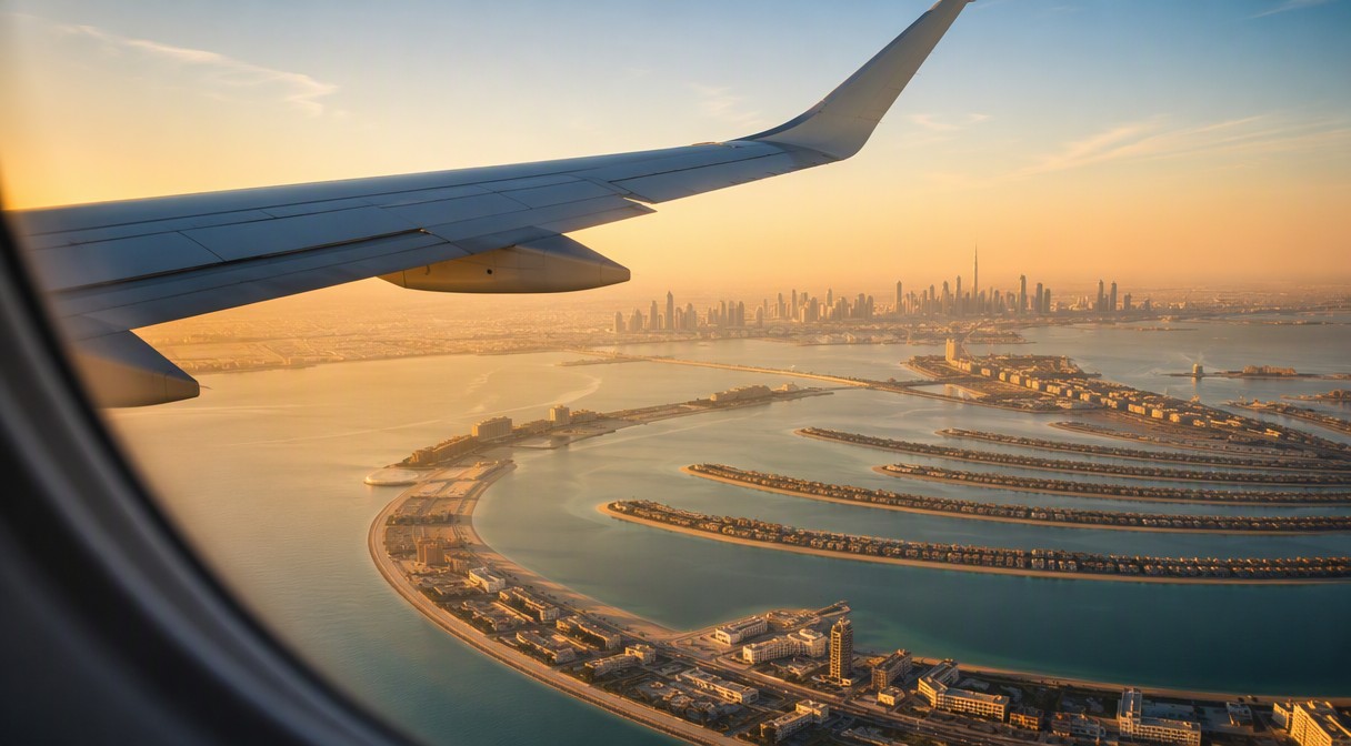 Buying off-plan in Dubai from abroad: airplane wing over Dubai coastline