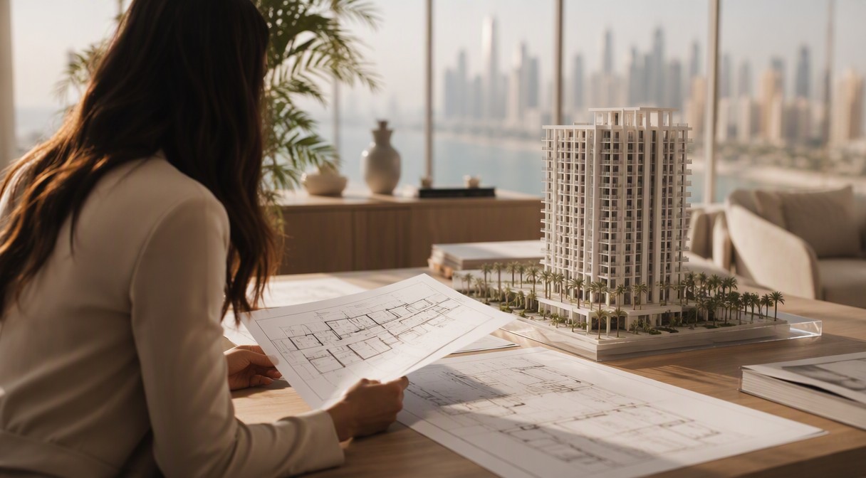 Common off-plan mistakes in Dubai: buyer reviewing floor plan with building model