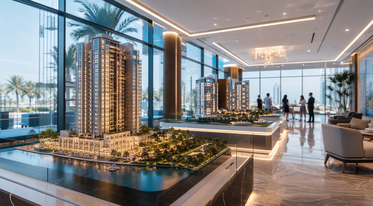 DLD fee waivers from Dubai developers: sales centre with scale models