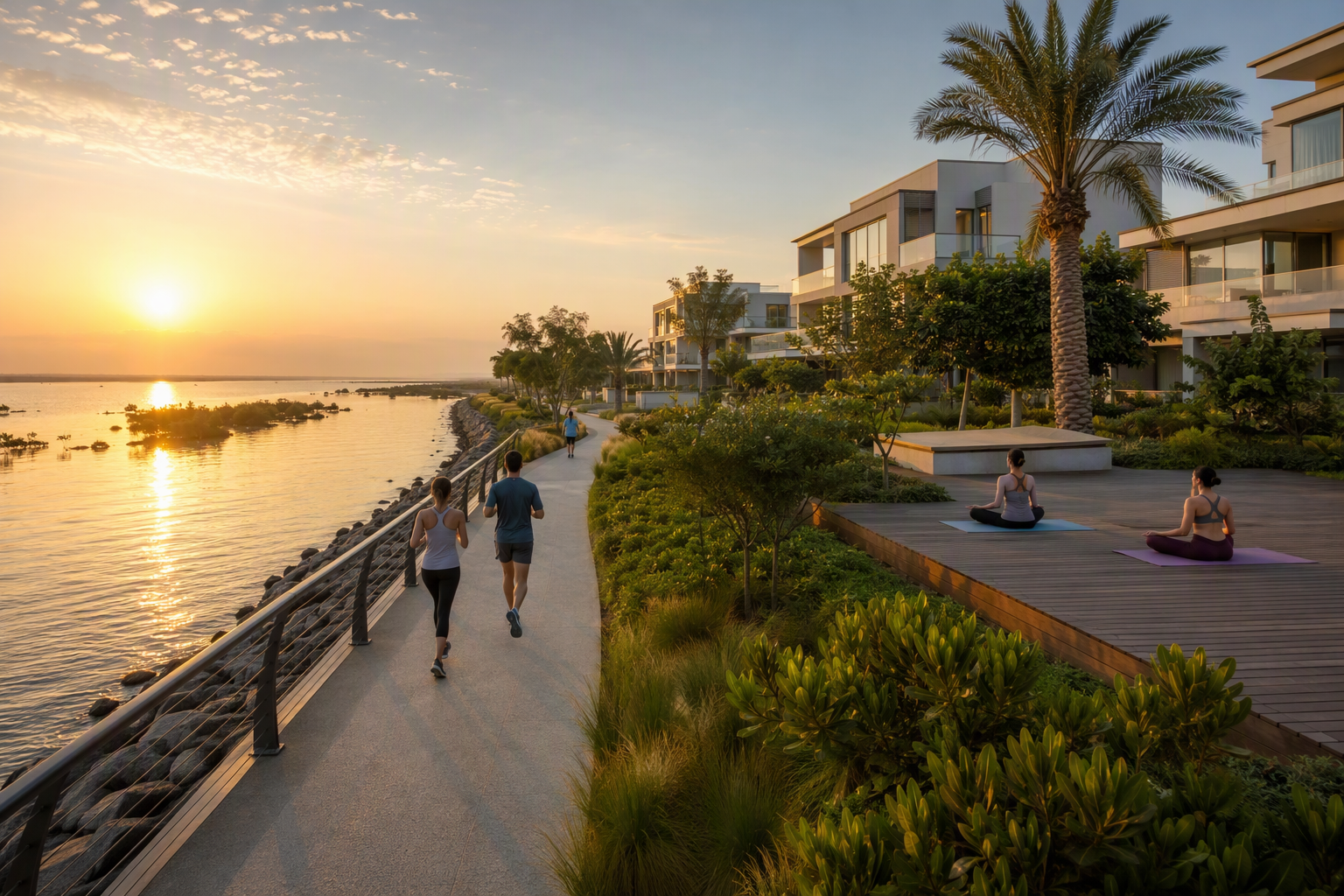 Fahid Island wellness community waterfront promenade, Abu Dhabi