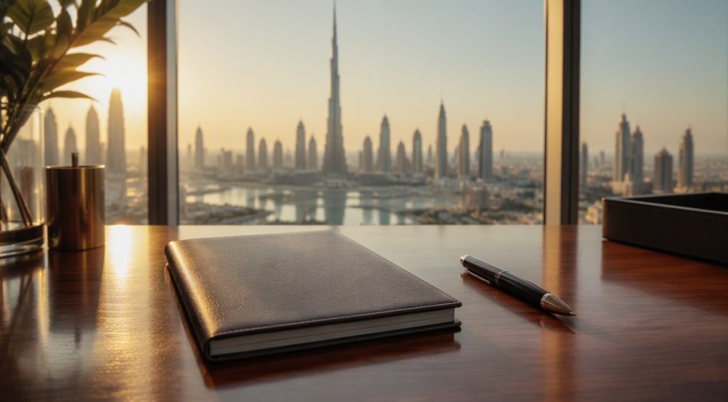 Passport on desk with Dubai skyline through window - UAE golden visa