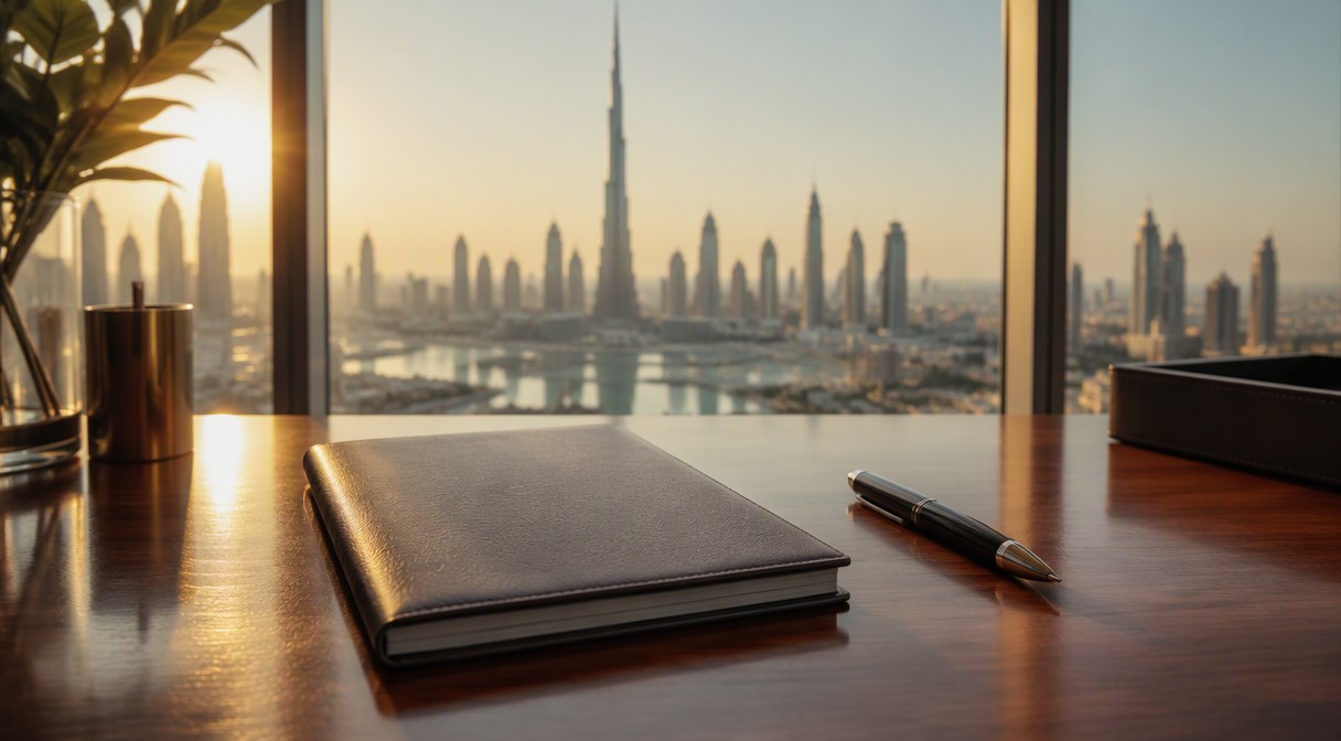 Passport on desk with Dubai skyline through window - UAE golden visa