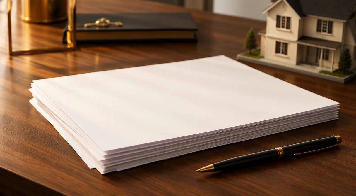 Stack of property documents and pen on wooden desk, warm light