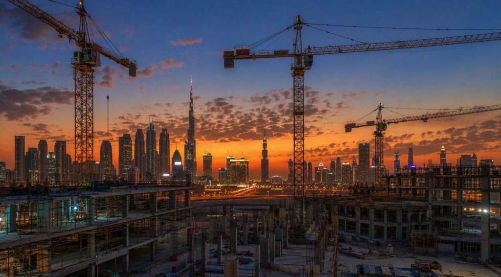 Dubai construction site with cranes against skyline at dusk