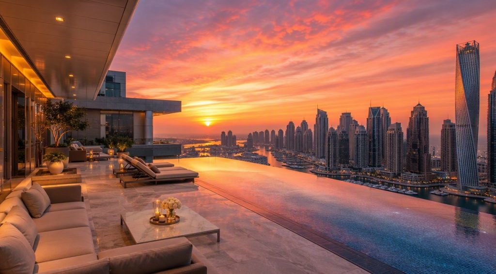 Luxury penthouse terrace over Dubai Marina at sunset