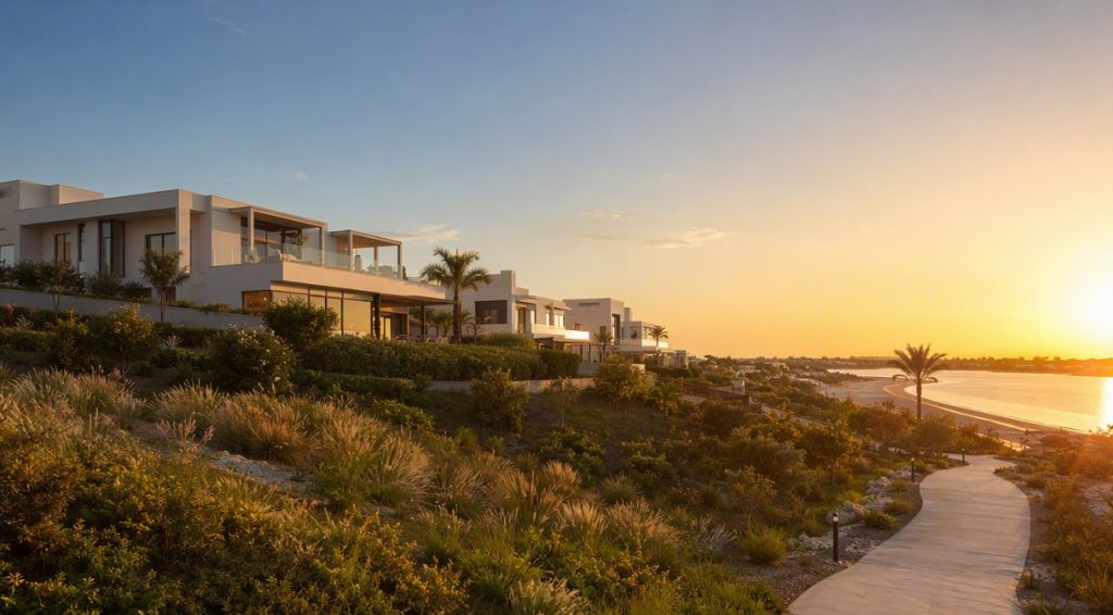 Abu Dhabi modern villa hills overlooking sea golden hour