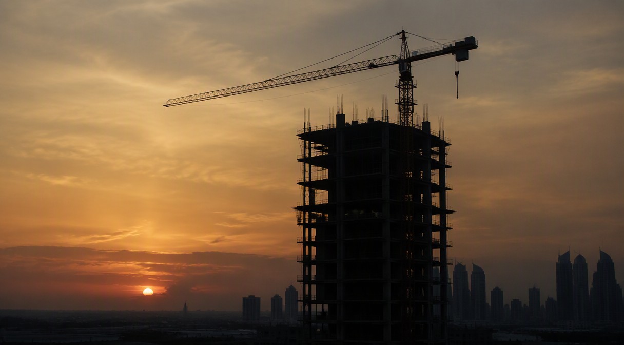 Off-plan developer bankruptcy in Dubai: halted construction site at sunset