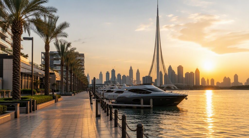 Dubai Creek Harbour marina promenade at sunset