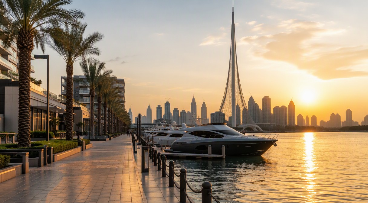 Dubai Creek Harbour marina promenade at sunset