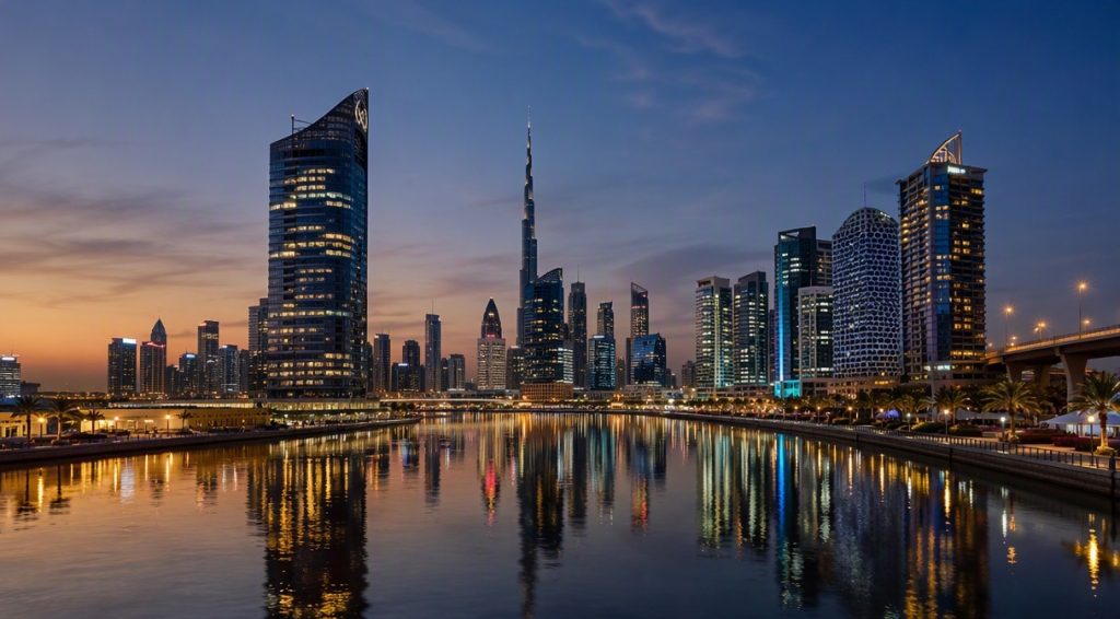 Business Bay Dubai canal skyline at dusk