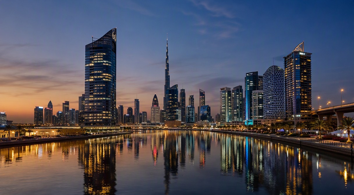 Business Bay Dubai canal skyline at dusk