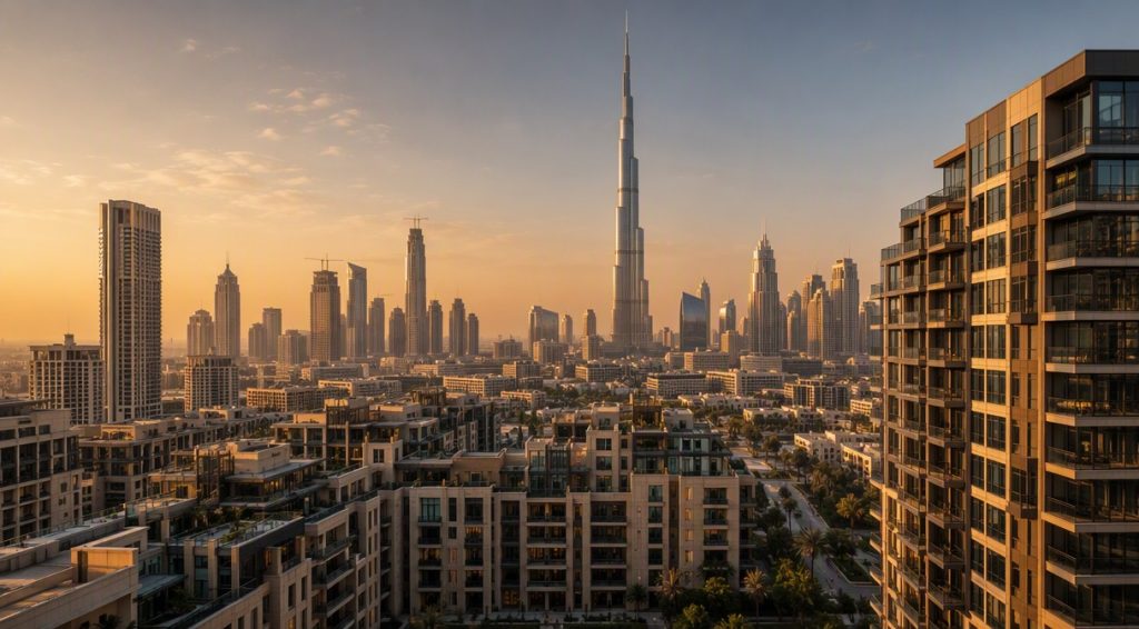Dubai skyline with Burj Khalifa at golden hour - off-plan property guide