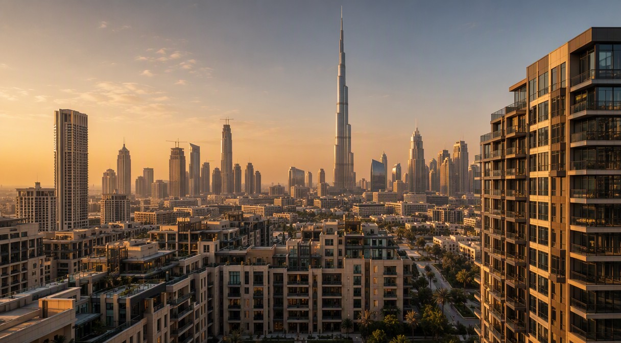Dubai skyline with Burj Khalifa at golden hour - off-plan property guide