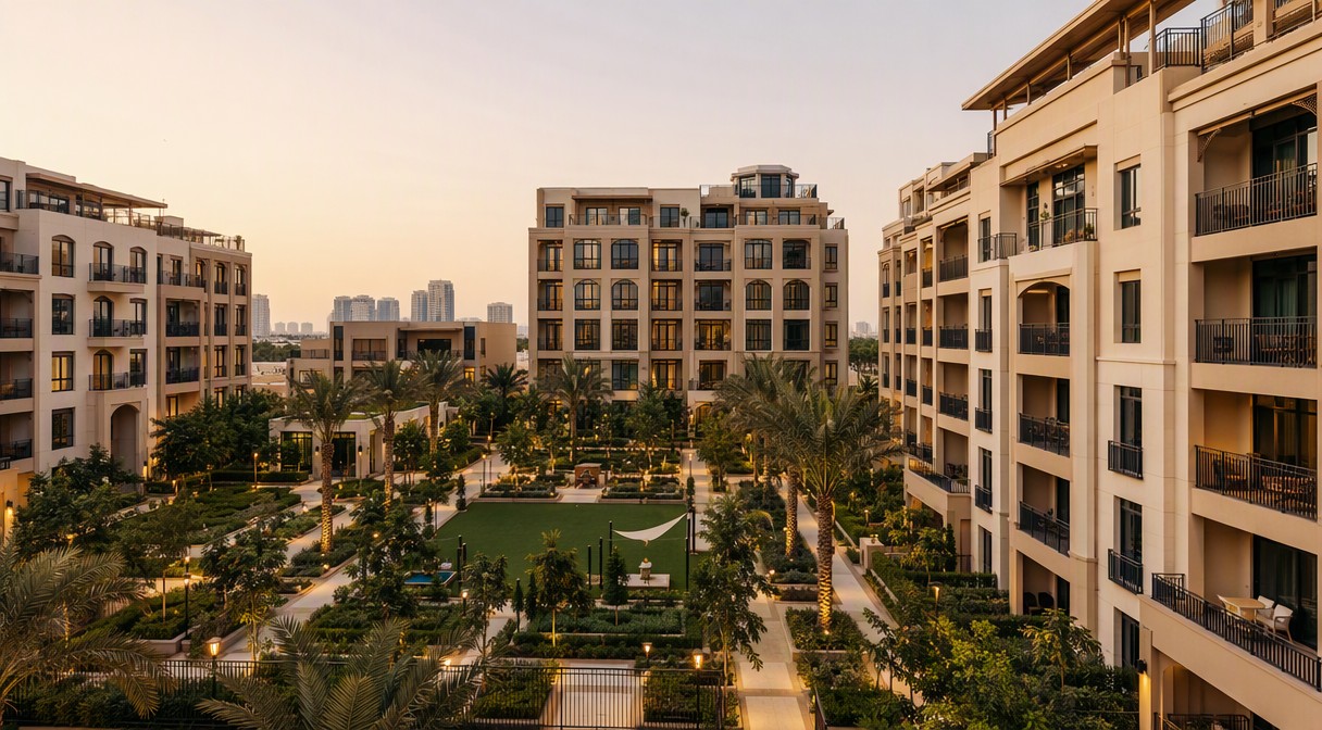 Jumeirah Village Circle community courtyard at evening