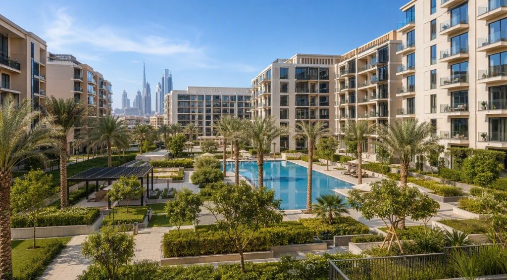 Modern mid-rise Dubai apartment community courtyard view