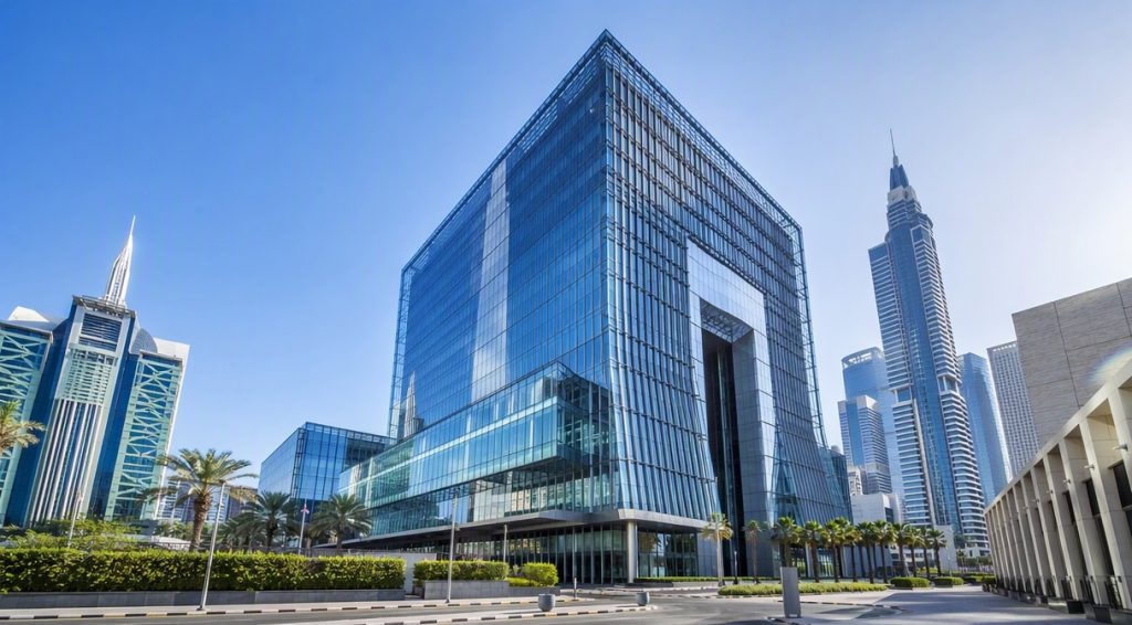 Modern bank tower glass facade in Dubai DIFC - RERA escrow protection
