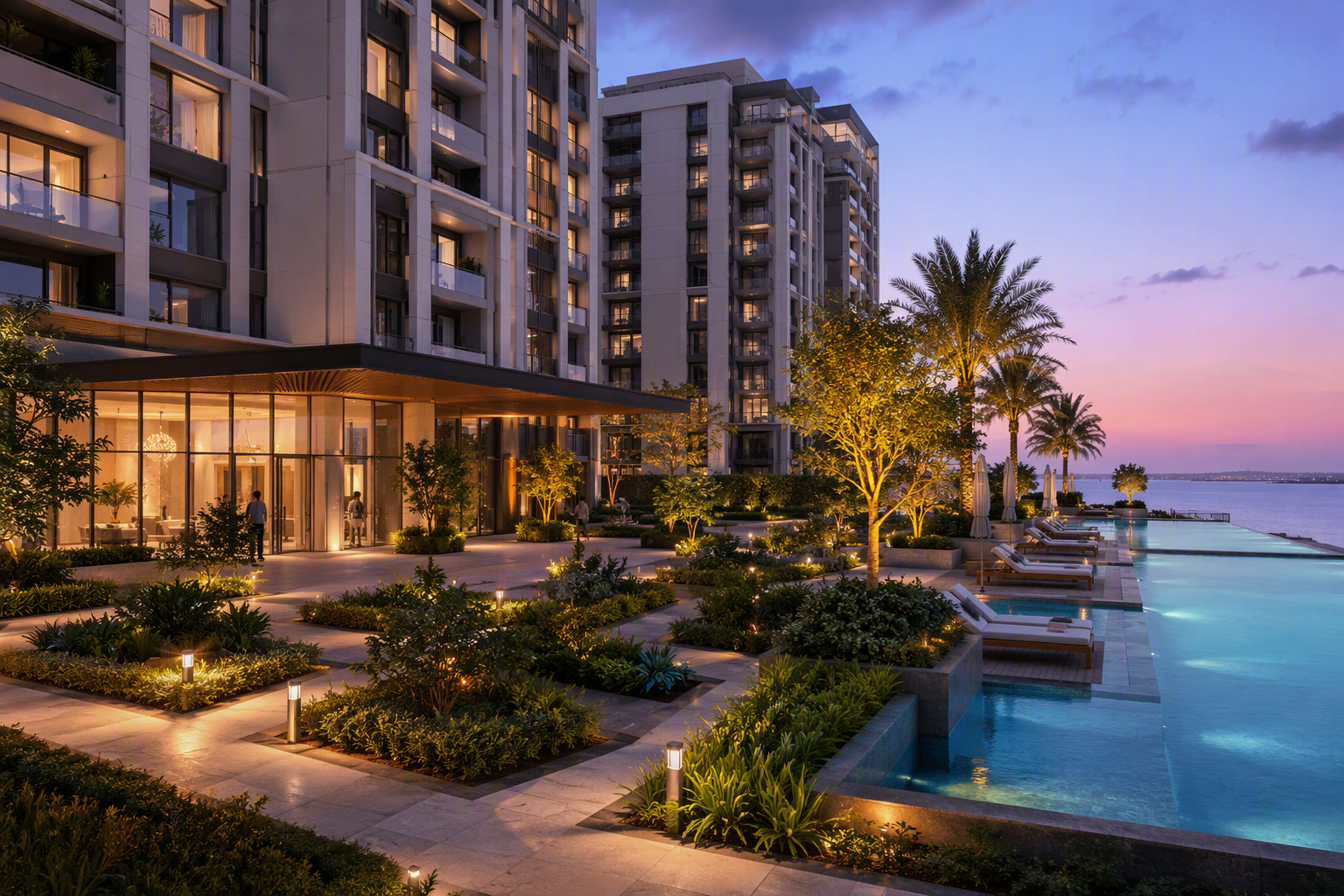 Resort-style pool deck in an Abu Dhabi apartment community