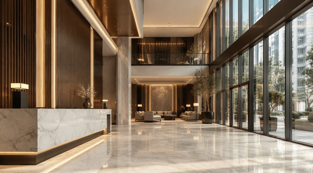 Service charges for off-plan property in Dubai: luxury residential lobby
