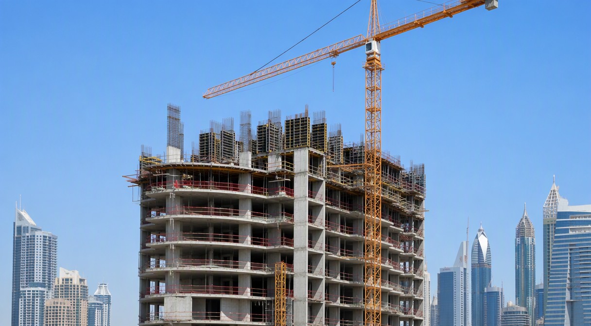 Track off-plan construction progress in Dubai: tower under construction with crane