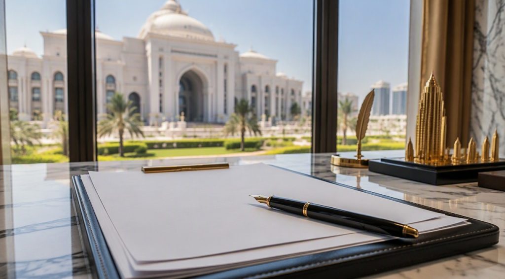 Contract signing desk with pen - Dubai Land Department fees editorial