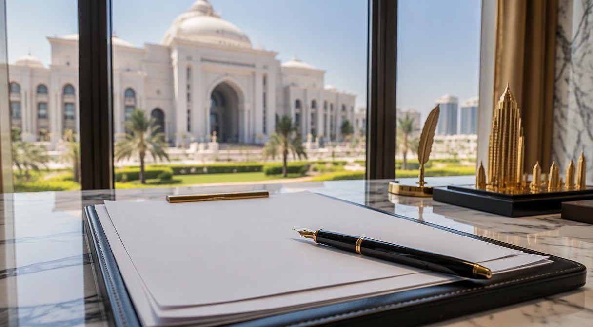 Contract signing desk with pen - Dubai Land Department fees editorial